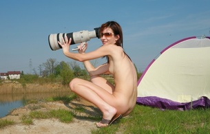 nude, brunette, photographer, big lens, side view, smile, camera, tent