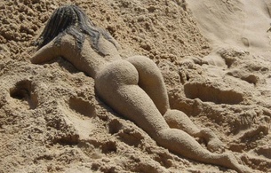 nude, brunette, sand, ass, sand sculptures