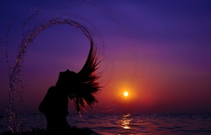 nude, woman, long hair, reflection, sun, art, sunset