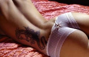 topless, panties, white, tatoo, dragon, dragon tattoo