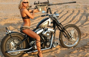 megan, bike, gun, shades, shorts, model, sand