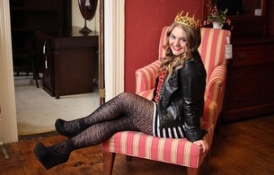 shannon, legs, tights, chair, beauty, shoes, shannon millard, leather, smile, tiara, hi-q, casual wear, pantyhose, miniskirt, leather jacket, cosplay