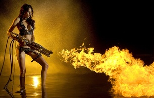 brunette, non nude, bikini, water, flame thrower, action girls, leeanna, fire