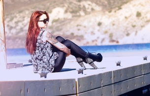 sexy babe, leggins, high heels, sitting, outdoor, redhead, sunglasses, tattoo, leggings