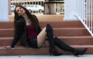 jen, cute, curly hair, smile, sexy babe, boots, leather, steps, sitting, high boots, babes in boots, fetish babe