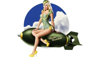 blonde, sexy babe, pin up, bombshell, retro, green, uniform, high heels, pout, minimalist wall, pin up style, yellow, heels, bomb, lingerie series