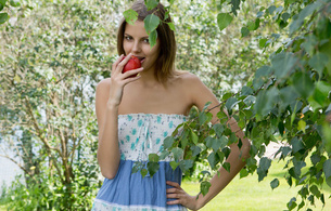 outdoor, cute, sandra lauver, girl, apple, tree, smile, clothes, model, sexy, hot, summer dress, dress