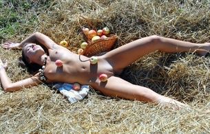 girls, nude, boobs, pussy, tits, legs, brunette, apples, basket, hay, shaved pussy, sexy, nipples, unknown