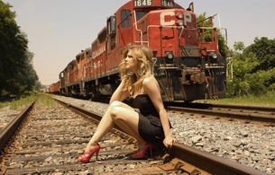 blonde, outdoors, trains, high heels, railroad, train, railline, legs, jessika burns, long hair, red, heels, black, dress, sitting, railroad tracks