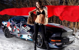car, babe, brunette, leggings, black, bra, fur, boots, smile, babes and cars, ford mustang, sexy, decollete, erotic, tight clothes, lycra, knee boots