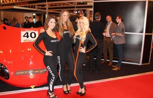 3 babes, group, babes and cars, amateur, slim, brunette, blonde, sexy babe, long hair, posing, smile, tight clothes, lycra, catsuit, sexy, decollete, cameltoe, legs, high heels, racecar, convention, erotic, fetish babe