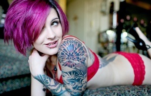 young, sexy babe, purple, hair, smile, laying, red, lingerie, bra, panty, tattoo, body art, tattoos, short hair, piercing, erotic art, suicide girls, hi-q