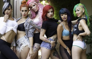 6 babes, young, suicide girls, brunette, blonde, pink, red, green, blue, hair, kinky girls, sexy dressed, panty, leggings, bra, tattoo, smile, tattoos, ass, legs, delicious, sexy, six, group, hi-q, denim shorts