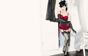 dita von teese, model, fetish, sexy babe, lingerie, actress, glamour, international burlesque star, dita, playmate, dancer, heels, black, gloves, stockings, heels, red, teddy, hat, burlesque, sexy, pin up style, lingerie series