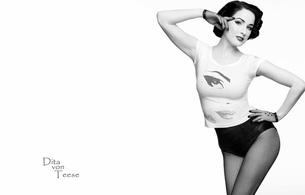 dita von teese, model, sexy babe, actress, glamour, international burlesque star, dita, playmate, dancer, black and white, black hair, top, panty, fishnet, pantyhose, pin up style, pin up, gloves, sexy, minimalist wall, retro, real celebs wall