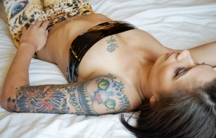 brunette, sexy babe, laying, bed, taped, tits, tattoo, leopard, leggings, close up, tattoo, skinny, delicious, sexy, small tits, tiny tits