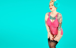 katty delux, katty de lux, blonde, model, sexy babe, pink, lingerie, tattoo, updo hairstyle, smile, tattoos, body art, black, stockings, pin up, minimalist wall, pin up style, hi-q, own cut