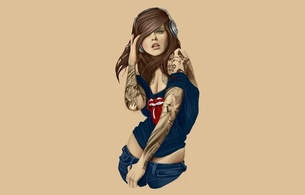 brunette, model, sexy babe, blue, top, panty, jeans, tattoo, artwork, speakers, tattoos, body art, fantasy