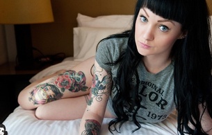 young, suicide girls, sexy babe, black hair, close up, blue eyes, tattooo, laying, bed, tattoos, body art, long hair, skinny, delicious, sexy