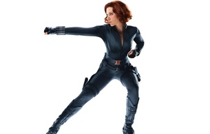 scarlett johansson, redhead, actress, sexy babe, hollywood, black, catsuit, leather, boots, gloves, black widow, movie, character, personality, scarlett, the avengers, natasha romanoff, hi-q, best quality, real celebs wall, tight clothes