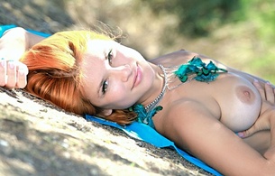 model, violla a, red head, brwon eyes, built, summer time, day at the lake, beautiful, lake, beach, trees, blanket, some like it red, tits, boobs, nipples