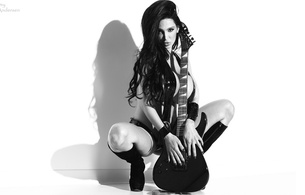 amy anderssen, model, pornstar, brunette, long hair, sexy babe, kneeling, boots, lingerie, guitar, spread, legs, amy, black, shiny, monokini, decollete, black and white, minimalist wall, hi-q, babes in boots