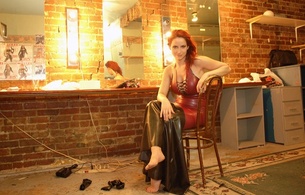 bianca beauchamp, canadian, model, redhead, sexy babe, fetishqueen, sitting, chair, smile, wardrobe, mirror, latex gown, after show