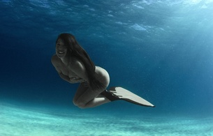 sexy, cute, delicious, brunette, mermaid, nude, underwater, holding chest, bra, strategic covering, asian, long hair, diving, skinny, delicious, perfect girl