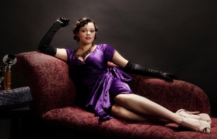 brunette, model, pin up style, sitting, sofa, sexy babe, purple, dress, gloves, necklace, heels, legs, decollete, pin up, hi-q