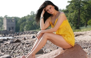 girl, dress, yellow, sitting, sexy, beauty, brunette, long hair, skinny, delicious, sexy, mira m, legs, beautiful a foot, skinny, delicious, sexy, small tits, tiny tits, perfect girl, tippy toes, hot ass, perfect body, perfect tits, perfect breasts, nipples, p, marina h