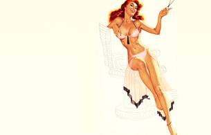 artwork, pin up style, sexy babe, redhead, posing, pink, lingerie, smile, legs, feet, fantasy, pin up, drawn, own cut