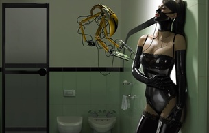 3d, art, virtual babe, sexy babe, artwork, leaning, wall, hot, latex, lingerie, body, gloves, fetish, shiny clothes, queue, sexy, erotic art, fetish babe, 3d latex