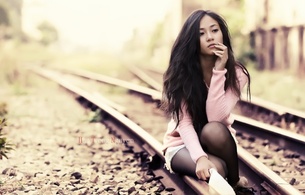 huu trong nguyen, asian, girl, railroad, railline, railway, tracks, sexy babe, long hair