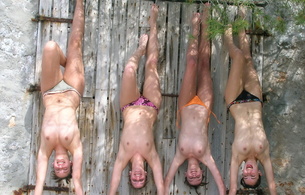 model, legs, bikini, outdoor, handstand, piercing, funny, hand stand, upside down, topless, tits