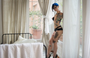 riae, petite, cute, model, skinny, delicious, sexy, perfect girl, piercing, tattoo, hot ass, perfect body, glasses, lingerie, black shoes, yummy, high heels, tattoo, legs, body art, erotic, sexy babe, suicide girls, riae suicide, blue hair, bed, pillows