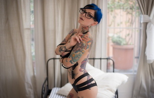 riae, petite, cute, model, skinny, delicious, sexy, perfect girl, nipples, piercing, glasses, lingerie, tattoo, hot ass, perfect body, tattoos, erotic art, body art, sexy babe, suicide girls, riae suicide, blue hair, bed, pillows