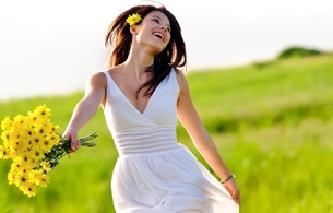 model, smiles, flower, grass, outdoors, dress