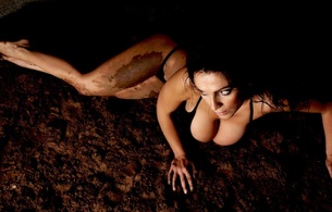denise milani, bikini, sexy, model, posing, laying, ground, mud, dirty, the variations of light and shade, sexy, decollete, boobs model, heavy knockers, dark