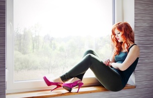 young, redhead, model, long hair, sexy babe, sitting, posing, sexy dressed, erotic, red lips, window, pink, high heels, tight clothes, legs, graceful a foot, beautiful hair