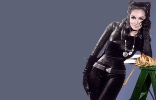 julie newmar, actress, idol, personality, celebrity, hollywood, glamour, movie, retro, posing, shiny, catsuit, gloves, catwoman, batman, 60s, own cut, hi-q, minimalist wall, julie, real celebs wall