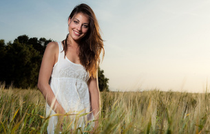 lorena garcia, outdoors, grass, dress, smile