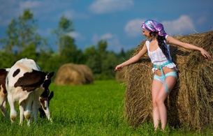 katie, brunette, sexy girl, lingerie, hay, cow, beautiful, :)