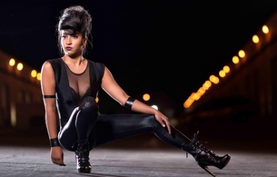 amelia, exotic, model, tanned skin, sexy babe, long hair, updo hairstyle, posing, kneeling, black, shiny, lycra, leggings, sexy, decollete, leather, ankle boots, erotic, hi-q, fetish babe