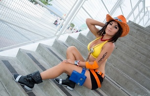 jessica nigri, brunette, sexy girl, lingerie, brassiere, shorts, sexy legs, stairs, hat, tattoo, view, look, cosplay