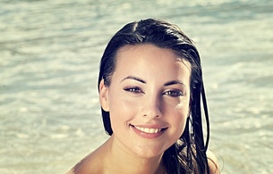 lorena garcia, outdoors, smile, pool, water, face, charming smile, beautiful eyes