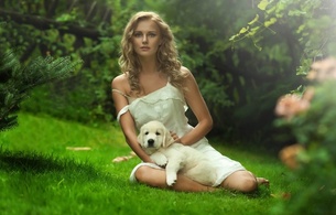 blonde, blue eyed beauty, dog, girl, dress, sexy, outdoor, flowers, widescreen, non nude