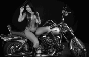 melissajo, exotic, young, model, tattoo, latina, sexy babe, long hair, bike, black and white, posing, black, leather, top, string, hat, pvc, knee boots, harley davidson motorcycles, erotic, melisa, tattoos