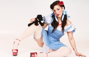dorothy, cosplay, young, sexy babe, brunette, model, long hair, erotic, red lips, posing, sitting, costum, lingerie, stockings, high heels, pin up style, pigtails, flower, dog, pet, sexy, plateau heels, lingerie series