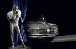 topless, classic car, lingerie, tits, heels, curtain