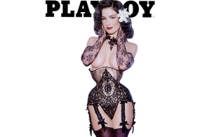 dita von teese, model, sexy babe, actress, glamour, international burlesque star, dita, playmate, cover, own cut, background, hot, babe, black, lingerie, underbust corset, stockings, hi-q, erotic, red lips, lingerie series, real celebs wall